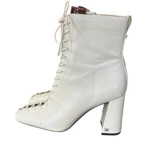 Sam Edelman Carney Lace-Up Patent Leather Ankle Boot Size 9 Ivory Block Heel